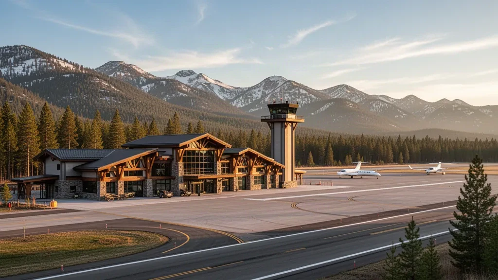 Truckee Tahoe Airport terminal and runway with Sierra Nevada pine forest backdrop at golden hour.