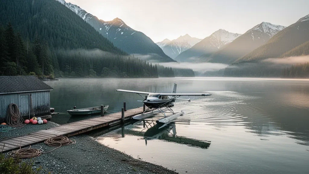 Wasserflugzeug an einem hölzernen Steg am Tenakee Inlet in Tenakee Springs, Alaska, mit nebligen bewaldeten Bergen im Hintergrund