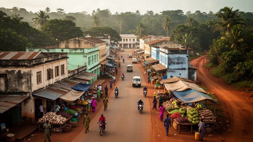 Fildişi Sahili'nin Gôh-Djiboua Bölgesi'nin başkenti Gagnoa üzerinde sıcak öğleden sonra ışığı, pazar tezgahları, hareketli sokaklar ve gür tropikal yeşillikler