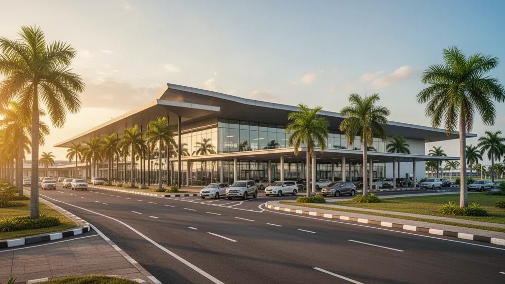Exterior moderno de terminal de cristal en el aeropuerto de Takoradi, Ghana, durante la hora dorada, con palmeras y un carril de descenso limpio.