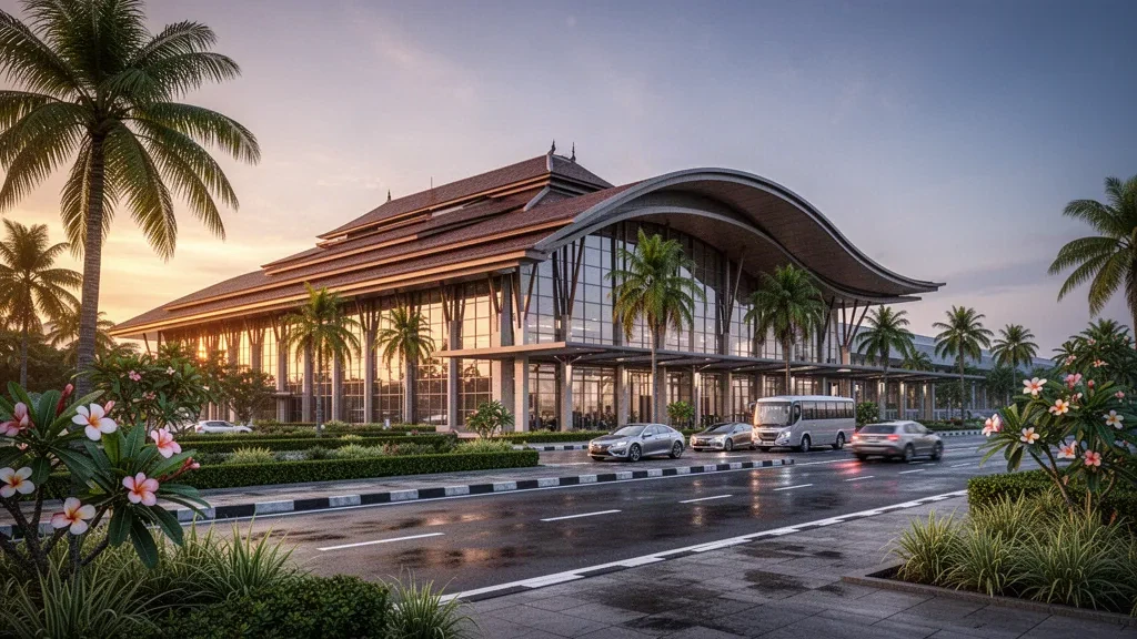 Exterior moderno de terminal de vidrio en el Aeropuerto Internacional Radin Inten II en Lampung con palmeras tropicales a la hora dorada
