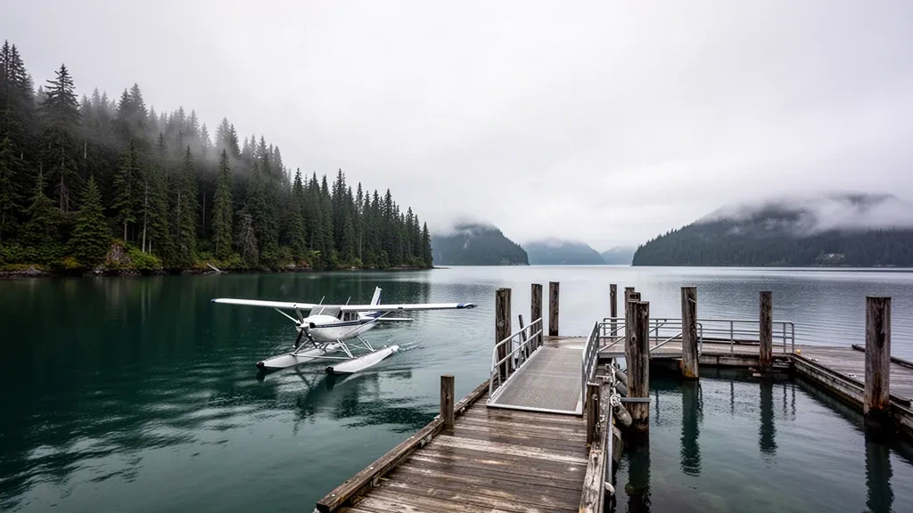 Hydravion monomoteur à un quai en bois sur une eau turquoise calme à Tokeen Seaplane Base, entouré de la forêt brumeuse de Tongass dans le sud-est de l'Alaska
