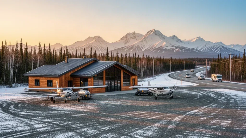 Petit terminal aéroportuaire isolé de l'Alaska et aire de stationnement en gravier avec des avions de brousse à Tok Junction, encadrés par la forêt boréale et des montagnes enneigées