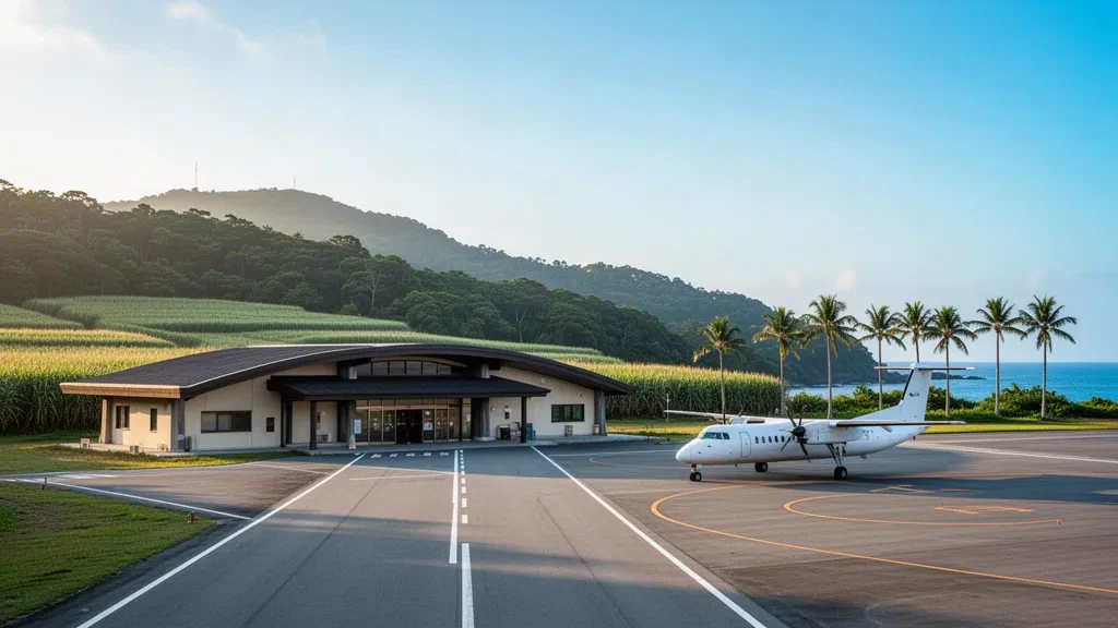 Terminal basso e piazzale dell'Aeroporto di Tokunoshima su una verde isola subtropicale delle Amami, illuminati dalla luce dell'ora d'oro con cielo aperto sopra