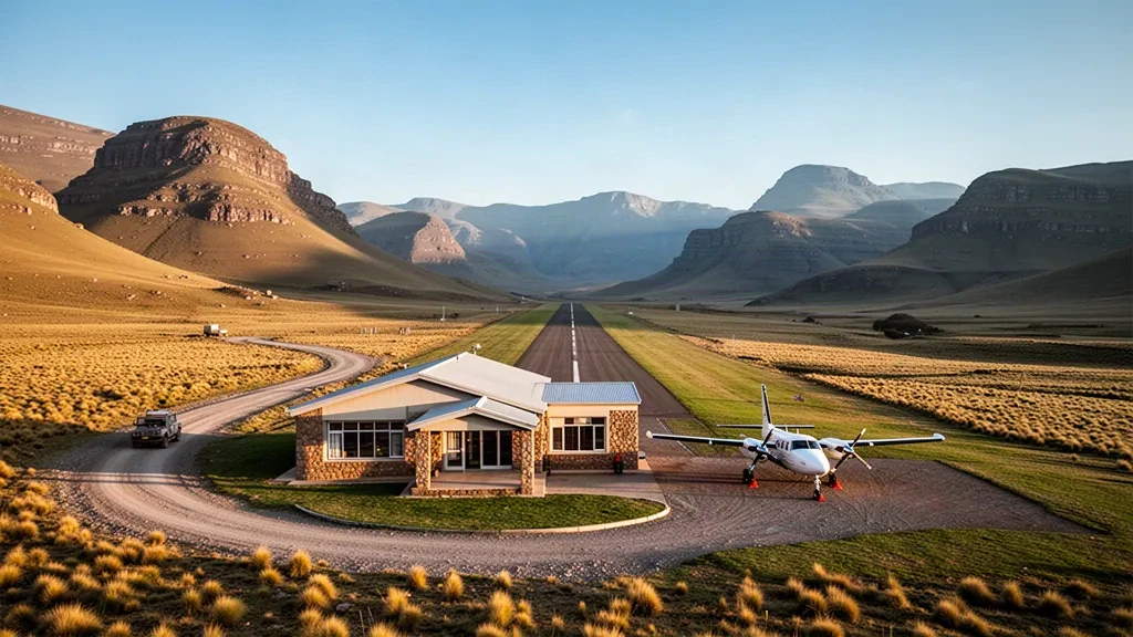 Petite piste d'altitude et bâtiment terminal en pierre desservant Tlokoeng dans les hautes terres du Lesotho à l'heure dorée