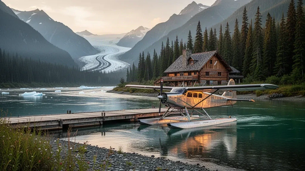 Alaska'nın Tongass ormanındaki Taku Lodge Deniz Uçağı Üssü yakınında, Taku Nehri üzerindeki ahşap bir iskelede deniz uçağı