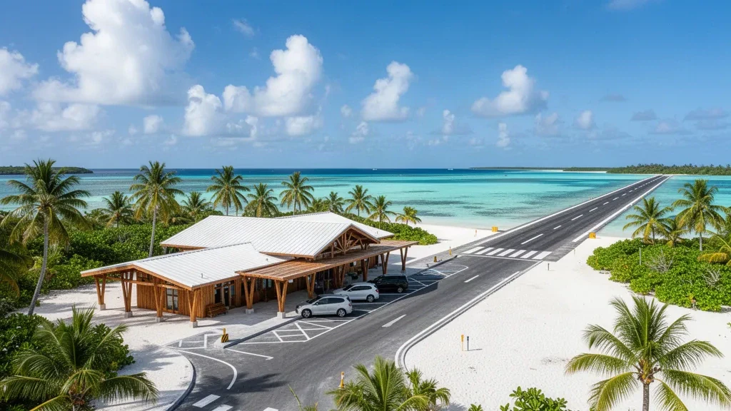 Aeropuerto de Takapoto en la Polinesia Francesa con su pista pavimentada, pequeña terminal, laguna turquesa y palmeras cocoteras tropicales a plena luz del día.