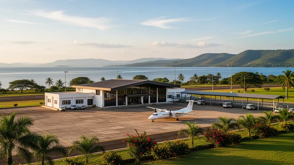 Terminal und Vorfeld des Flughafens Kigoma mit einem geparkten Regionalflugzeug neben dem Tanganjikasee und grünen Hügeln in warmem Nachmittagslicht
