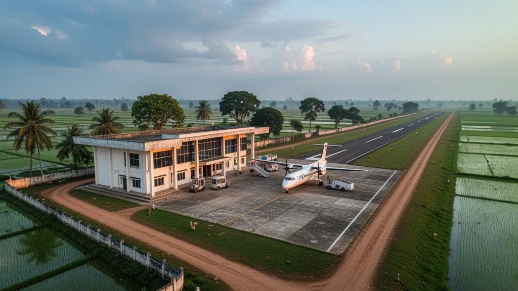 Kuzey Bangladeş'teki Thakurgaon Havalimanı'nda alçak terminal binası ve sessiz apronda, altın saatte yeşil ovalarla çevrili görünüm.