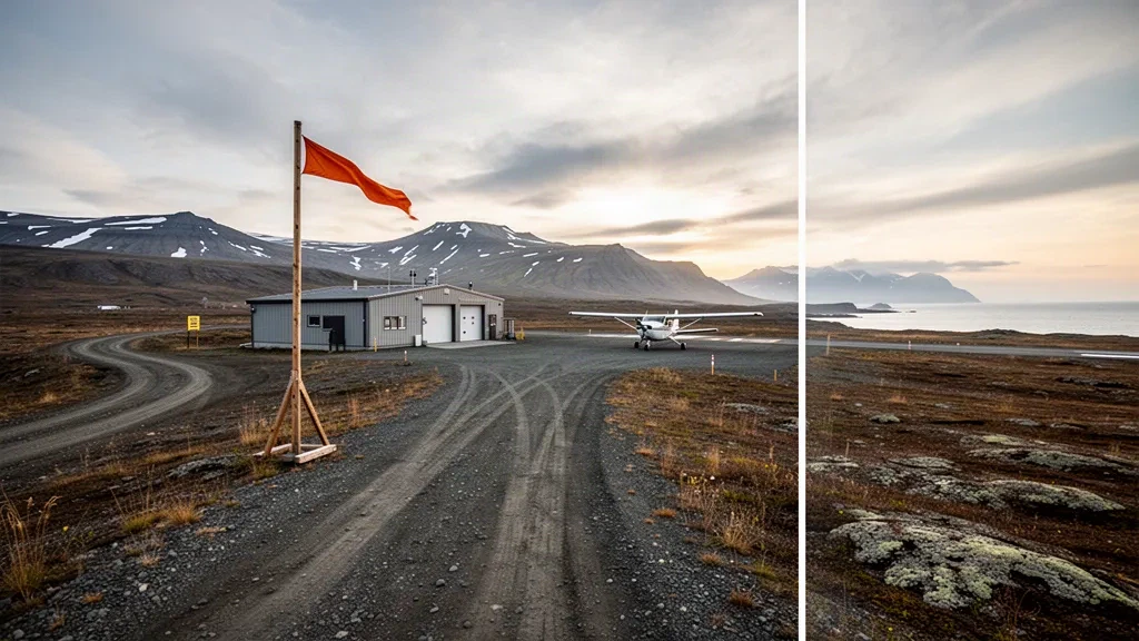 Schotterpiste und Tundralandschaft am abgelegenen Flughafen Teller in Alaska bei weichem goldenem Küstenlicht