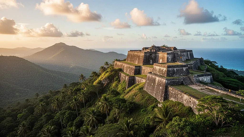 Steinfestung Citadelle Laferrière auf einem üppig grünen Bergkamm im Norden Haitis im warmen Morgenlicht