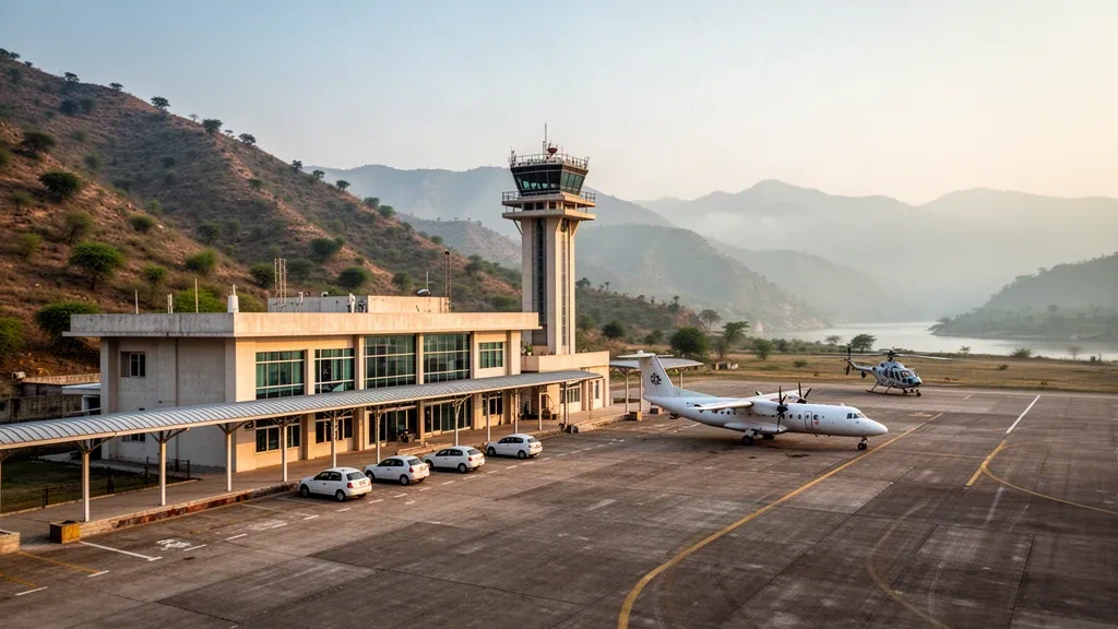 Tarbela Dam Airport terminal and apron in Haripur, Pakistan, with a small turboprop and green hills in morning light.
