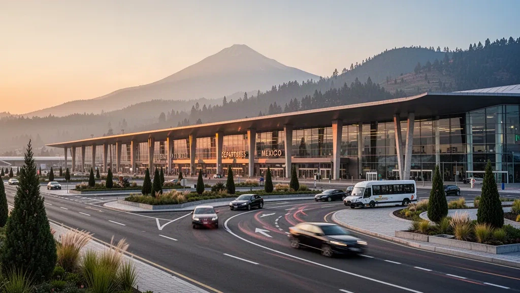 Exterior moderno de terminal de vidrio en el Aeropuerto Internacional de Toluca en México durante la hora dorada, con vías de acceso y vistas a las montañas
