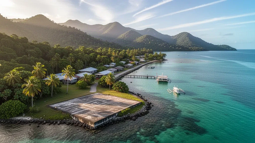 Aerial view of the Tulaghi Heliport on Tulagi island in the Solomon Islands, with turquoise lagoon water, palms and rainforest hills.
