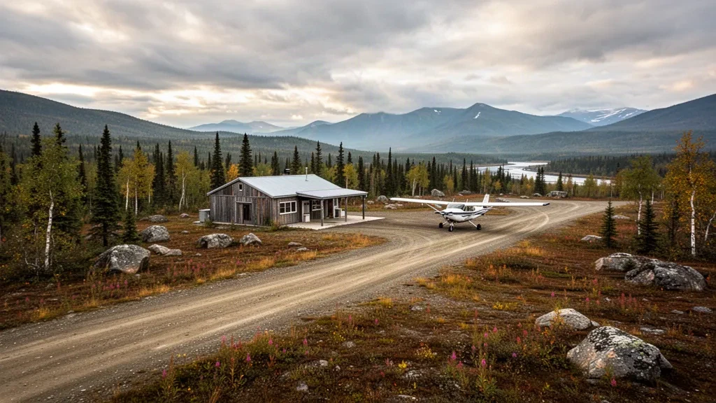 Erhöhte Ansicht der abgelegenen Schotterpiste des Telida Airport im Inneren Alaskas, umgeben von borealem Wald und niedrigen Hügeln unter bedecktem Himmel