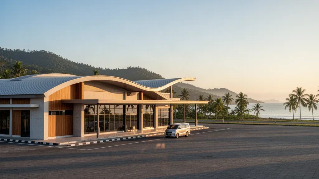 Modernes tropisches Terminal und Vorfahrtbereich am Sultan Bantilan Airport in Tolitoli, Zentralsulawesi, im Licht der goldenen Stunde
