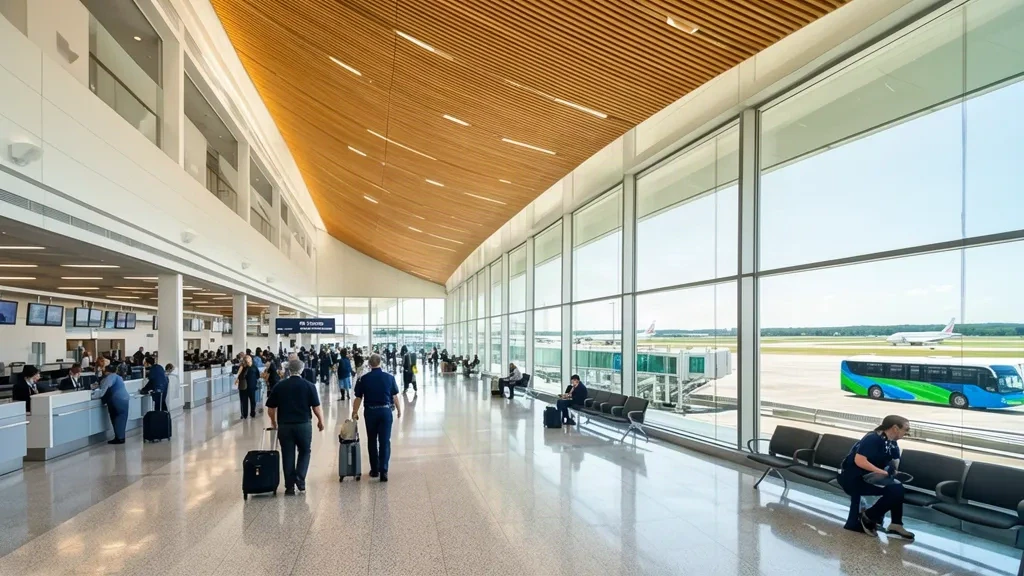 Sonnenbeschienenes Terminalinterieur am Tallahassee International Airport in Florida, mit Reisenden, die durch die Check-in-Halle an bodentiefen Fenstern vorbeigehen
