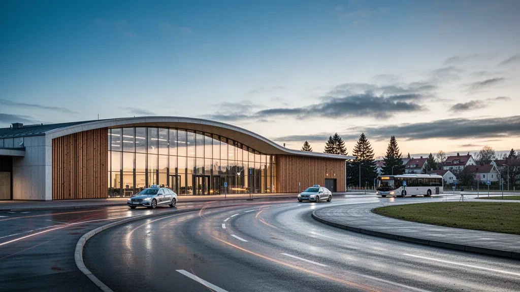 Modern glass and timber terminal exterior at Lennart Meri Tallinn Airport in Estonia at dusk, with a clean drop-off lane in front