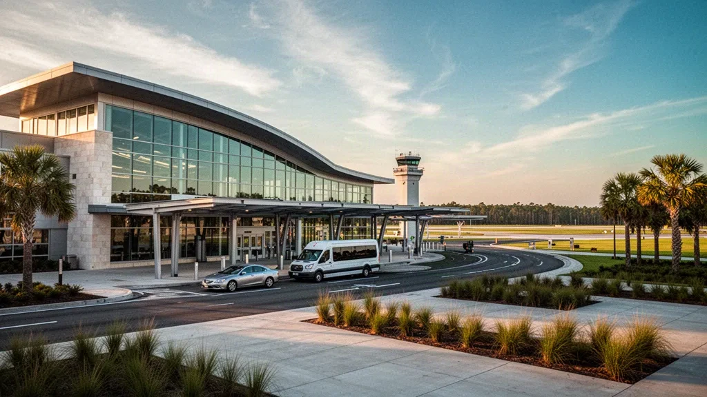Extérieur moderne d'un terminal vitré à l'aéroport international de Tallahassee en Floride à l'heure dorée, avec des voies de dépose en bordure et un ciel dégagé.