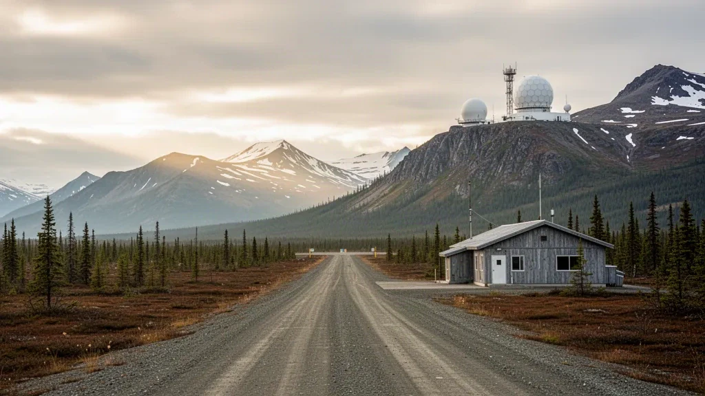 Abgelegene Schotterpiste und Radarstation am Tatalina LRRS Airport in Alaska, umgeben von rauem Gebirge und Tundra unter einem sanft bedeckten Himmel.