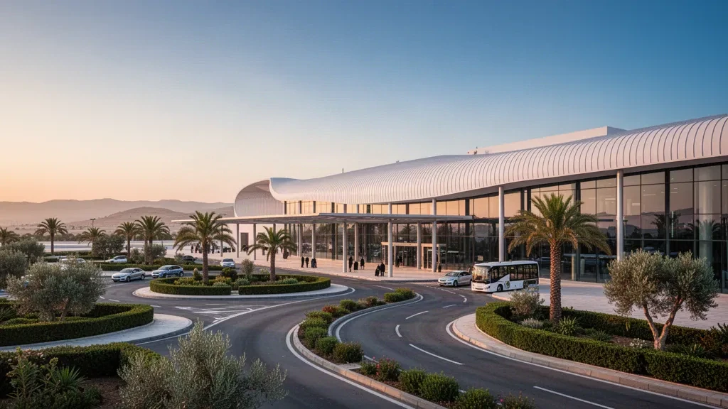 Moderno terminal in vetro e piazzale alberato di palme all'aeroporto di Zenata – Messali El Hadj vicino a Tlemcen nella luce dell'ora d'oro.