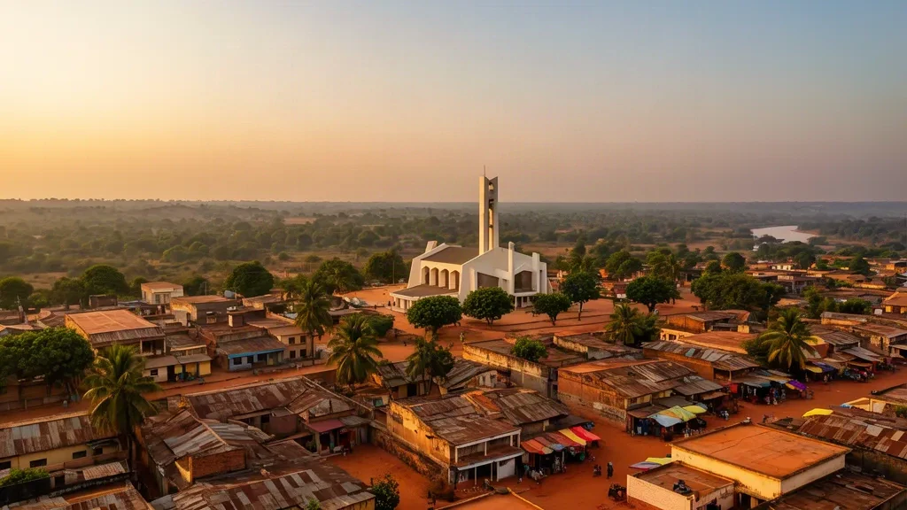 Golden-hour view over Bouaké rooftops and cathedral in Côte d'Ivoire's Vallée du Bandama district, warm travel photography
