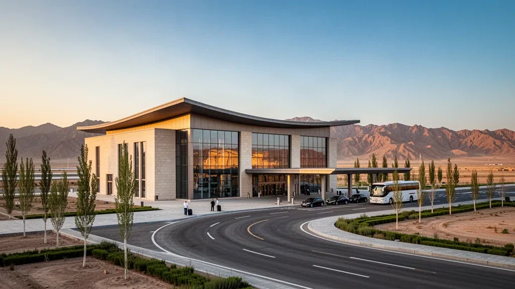 Modern glass terminal and drop-off lanes at Turpan Jiaohe Airport in Xinjiang, framed by desert mountain ridges at golden hour.