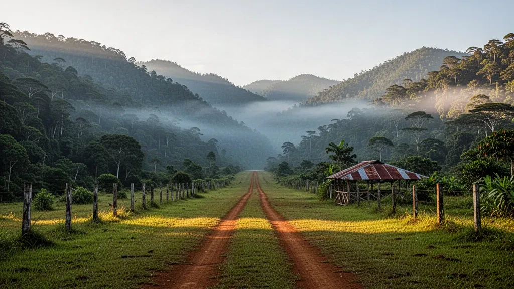 Pista de aterrizaje de hierba remota en el aeropuerto de Tumolbil, en las tierras altas de Papúa Nueva Guinea, enmarcada por crestas de selva tropical neblinosa al amanecer