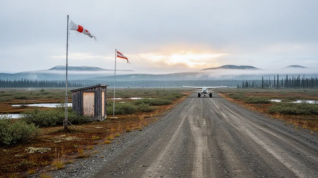 Schotterpiste am Flughafen Tuluksak im ländlichen Alaska, mit Tundra, einem kleinen Holzschuppen und bedecktem Himmel
