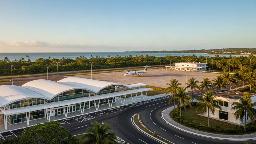 Moderna terminal del Aeropuerto Golfo de Morrosquillo en Tolú, Colombia, con palmeras, carriles de descenso y una aeronave regional a la hora dorada.