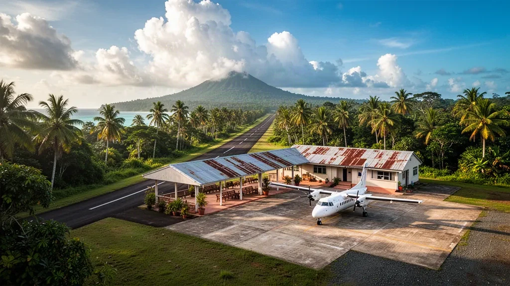 Pequeña pista tropical, terminal modesta y avión turbohélice estacionado en el aeropuerto de Talasea, en Nueva Bretaña Occidental, Papúa Nueva Guinea