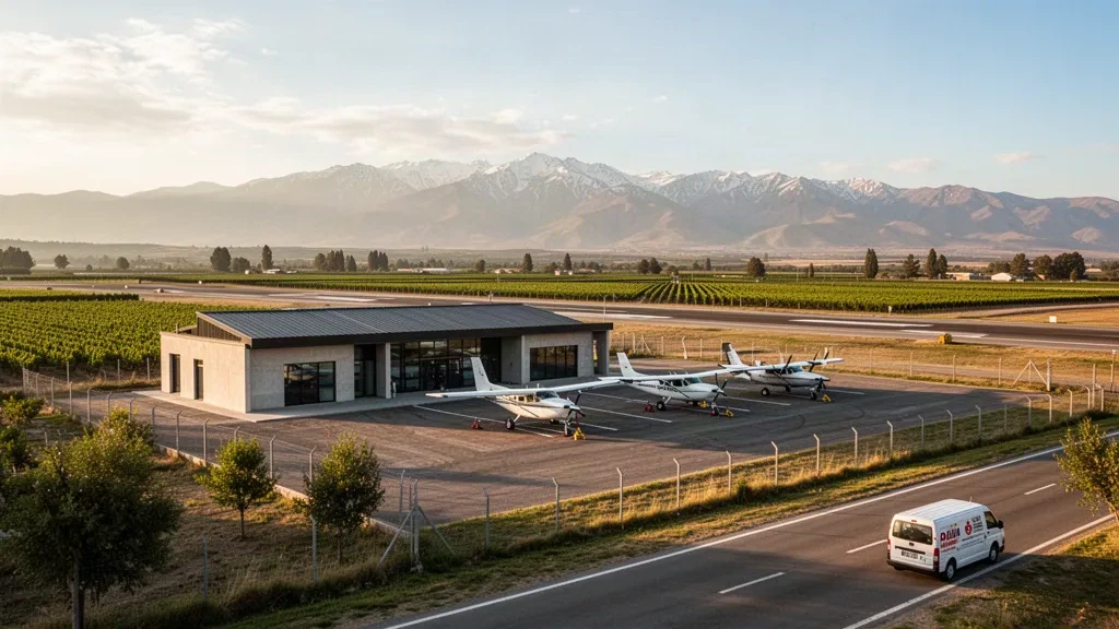 Plataforma regional y aviones ligeros en el aeropuerto de Panguilemo, cerca de Talca, Chile, con las estribaciones de los Andes y tierras de cultivo a la hora dorada