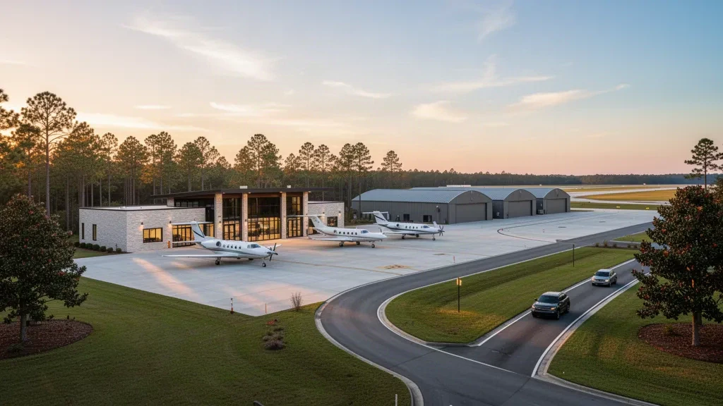 General aviation apron, hangars and low terminal building at Henry Tift Myers Airport in Tifton, Georgia, at golden hour