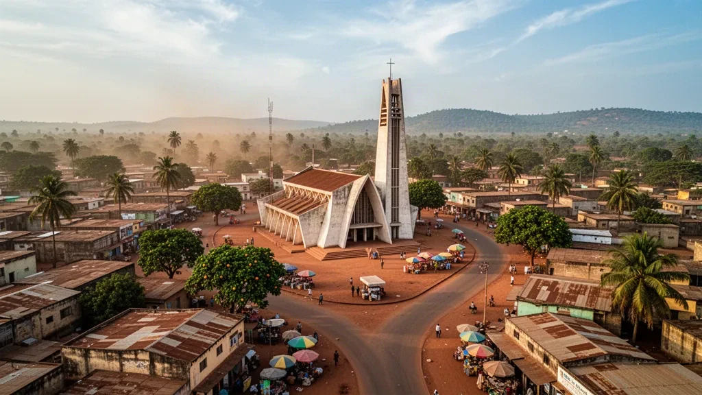 Die Saint-Michel-Kathedrale erhebt sich über der niedrigen Skyline von Bouaké, der Hauptstadt des Distrikts Vallée du Bandama in Côte d'Ivoire, im warmen Nachmittagslicht