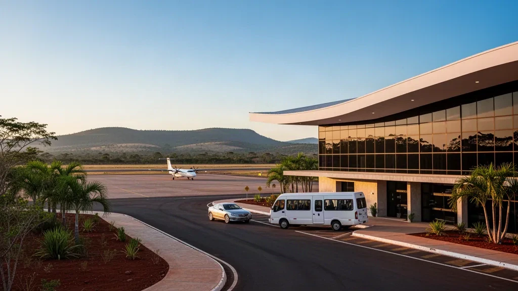 Terminal moderna de cristal y carril de bajada junto a la acera en el aeropuerto de Catalão, en Goiás, Brasil, iluminados por la cálida luz de la hora dorada