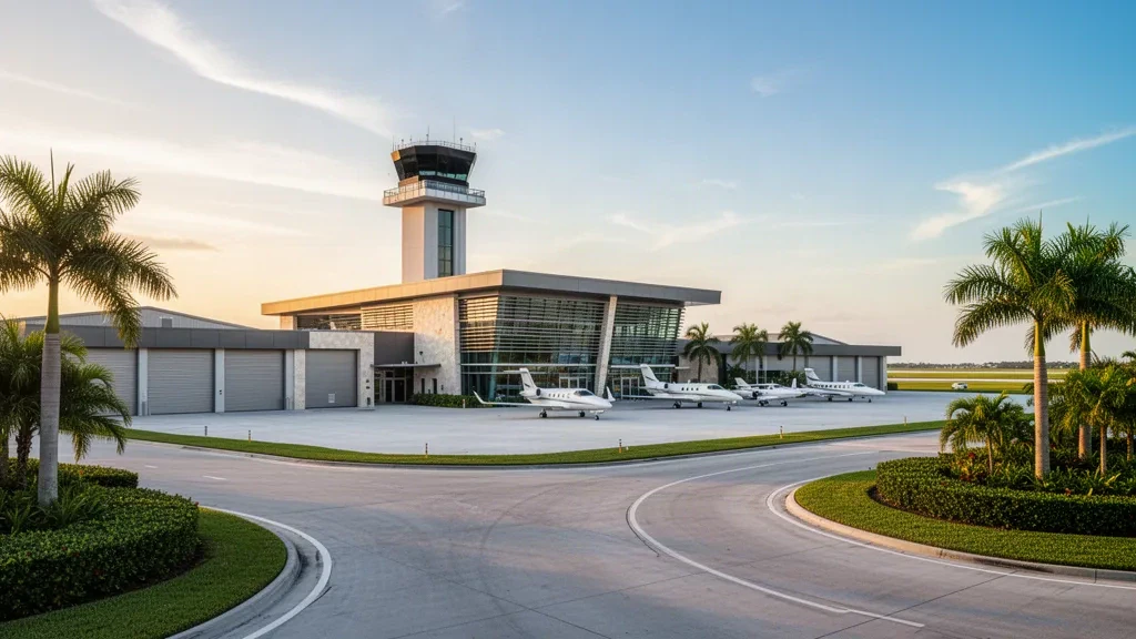 Terminal moderna, torre de control y hangares de aviación general en el Aeropuerto Ejecutivo de Miami bajo la cálida luz de la tarde de Florida