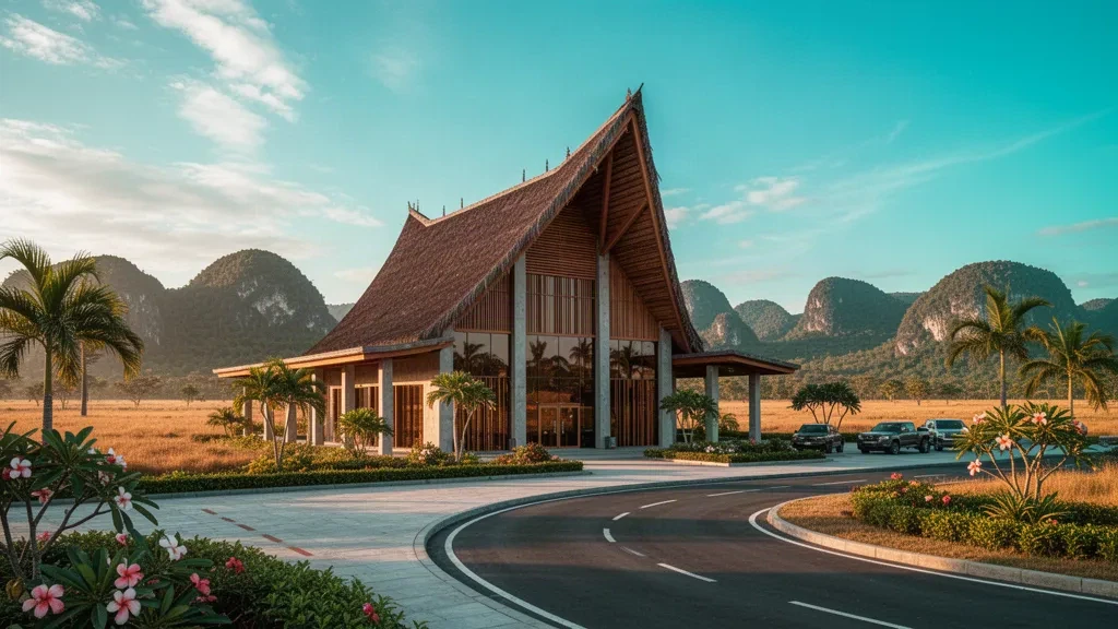 Exterior moderno de una terminal tropical en el Aeropuerto de Tambolaka, en Sumba Suroccidental, rodeado de colinas de sabana y con luz dorada del final de la tarde