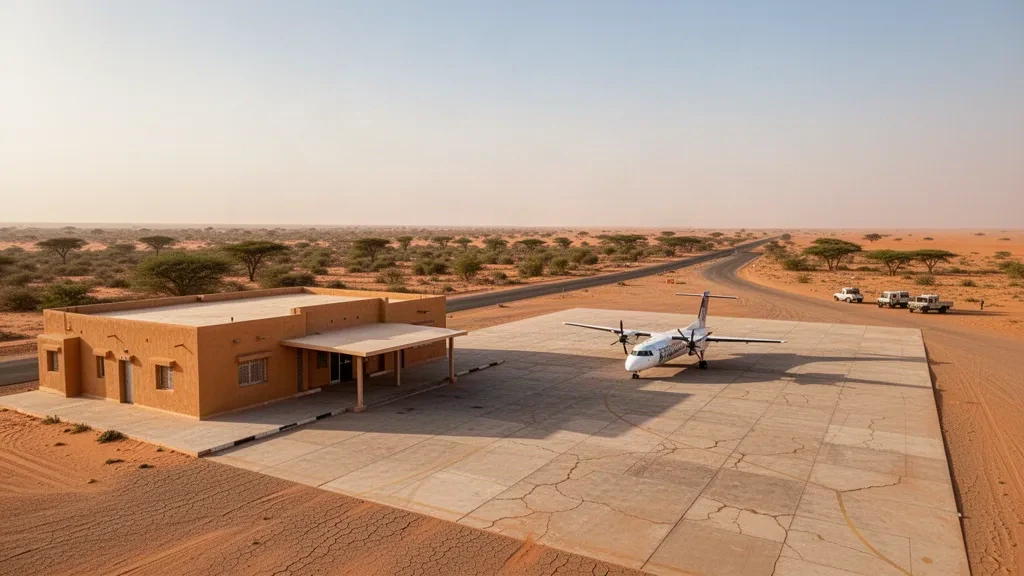 Pequeña terminal de aeropuerto en el desierto de Timbedra, Mauritania, con una plataforma tranquila, aviones de cercanías estacionados y un paisaje saheliano polvoriento bajo una cálida luz de tarde.