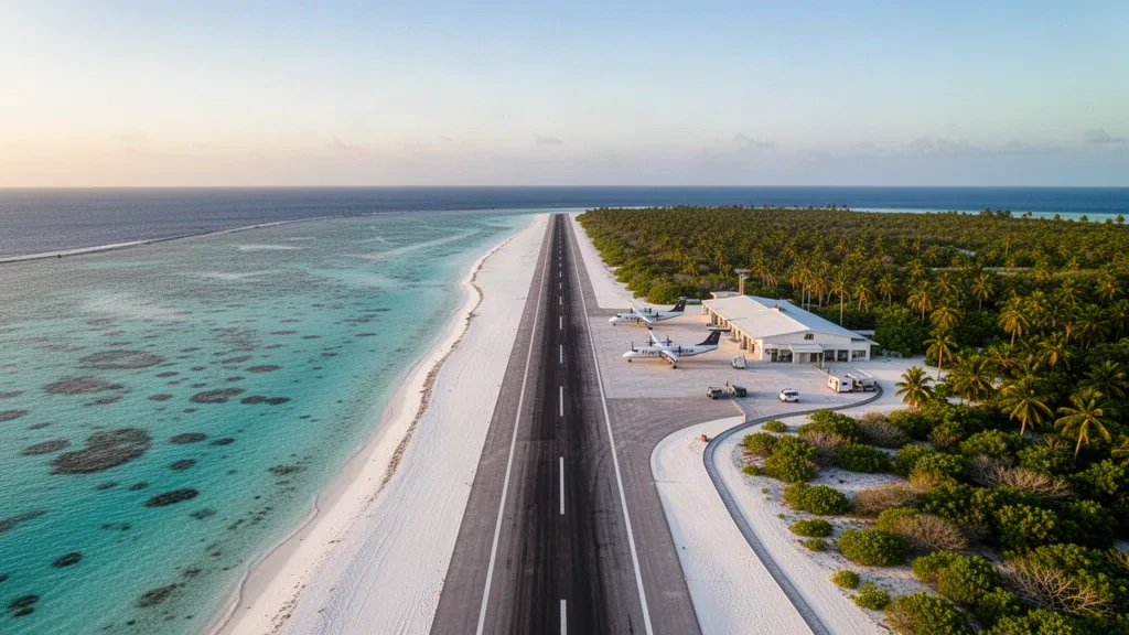 Aerial view of Thimarafushi Airport runway beside turquoise lagoon waters in Thaa Atoll, Maldives, at golden hour