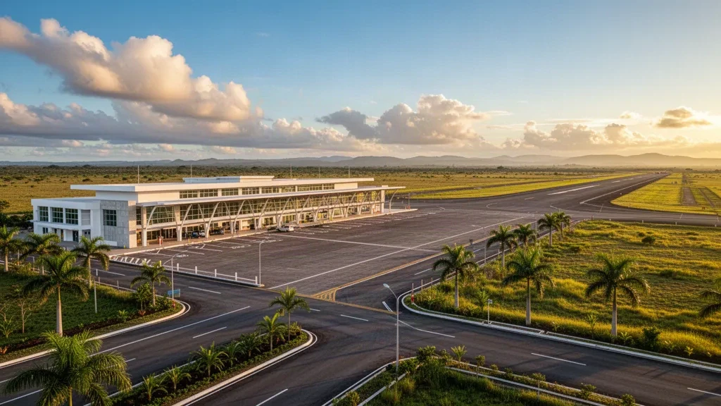 Modernes niedriges Terminal und Blick auf die Startbahn am Flughafen Gustavo Vargas in Tame, Kolumbien, in warmem Licht zur goldenen Stunde.