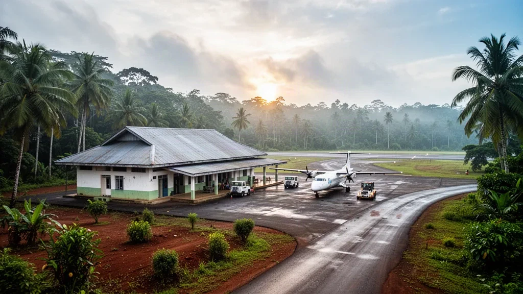 Tropical regional airport terminal at Tanah Merah in Papua, Indonesia, with palm trees, apron and a small parked propeller aircraft