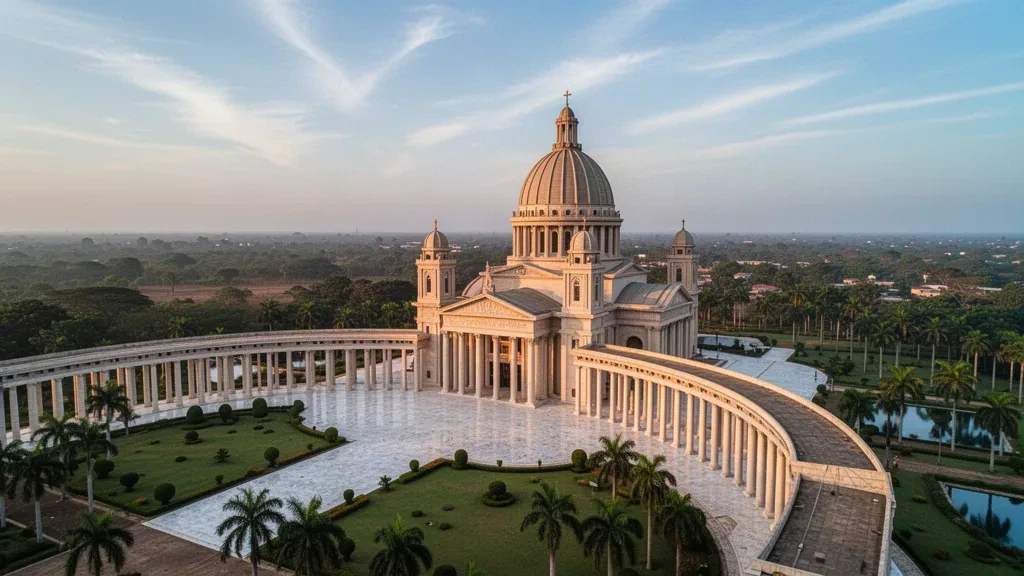 Basilica of Our Lady of Peace in Yamoussoukro, Ivory Coast, glowing at golden hour with its great dome and sweeping colonnade