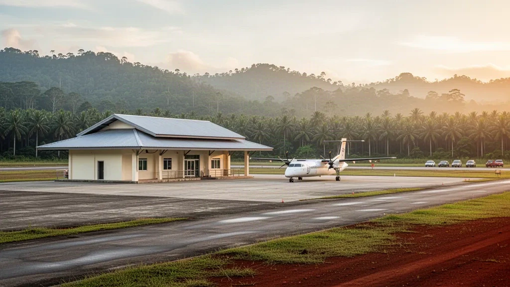Terminal et tarmac de l'aéroport rural de Tomanggong à Sabah, Bornéo, entourés de collines de forêt tropicale dans la lumière dorée du matin