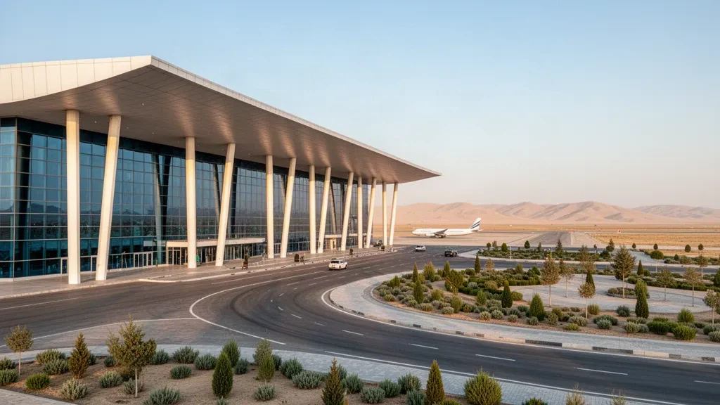 Modern glass terminal and landscaped drop-off zone at Termez Airport in Uzbekistan, with desert hills and golden-hour sunlight