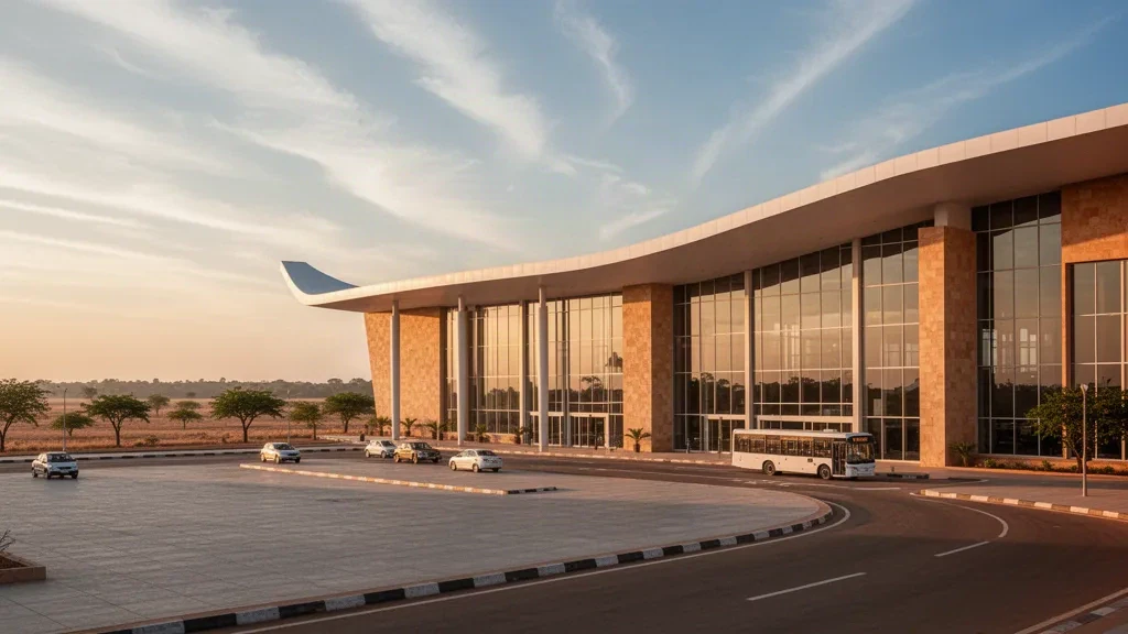 Modern glass terminal and forecourt at Yakubu Tali International Airport in Tamale, Ghana, lit by warm golden hour sunlight