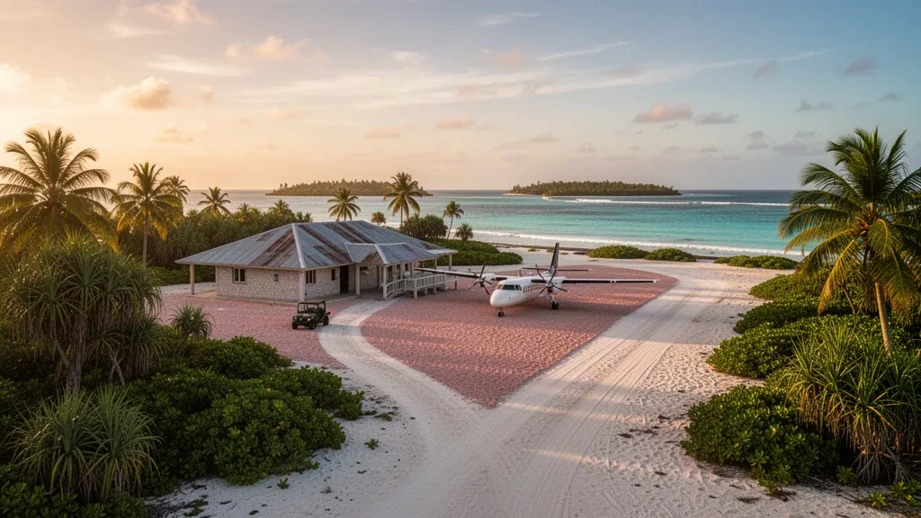 Pista corallina e piazzale bordato di palme all'aeroporto di Tamana Island, in Kiribati, sotto una calda luce tropicale dell'ora d'oro