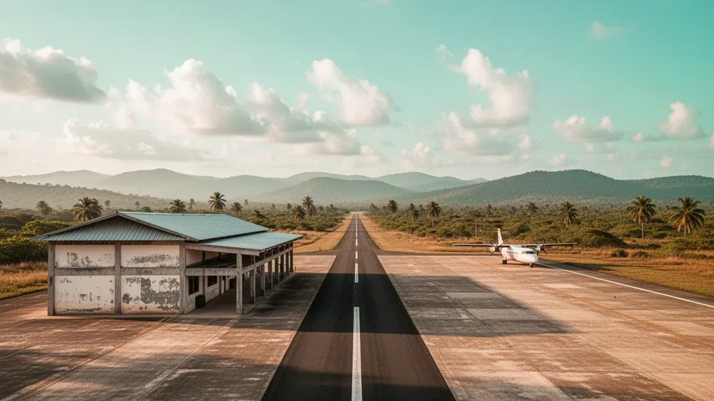 Piccolo terminal tropicale, piazzale di sosta e pista dell'aeroporto di Tumeremo nello Stato di Bolívar, Venezuela, nella calda luce del tardo pomeriggio