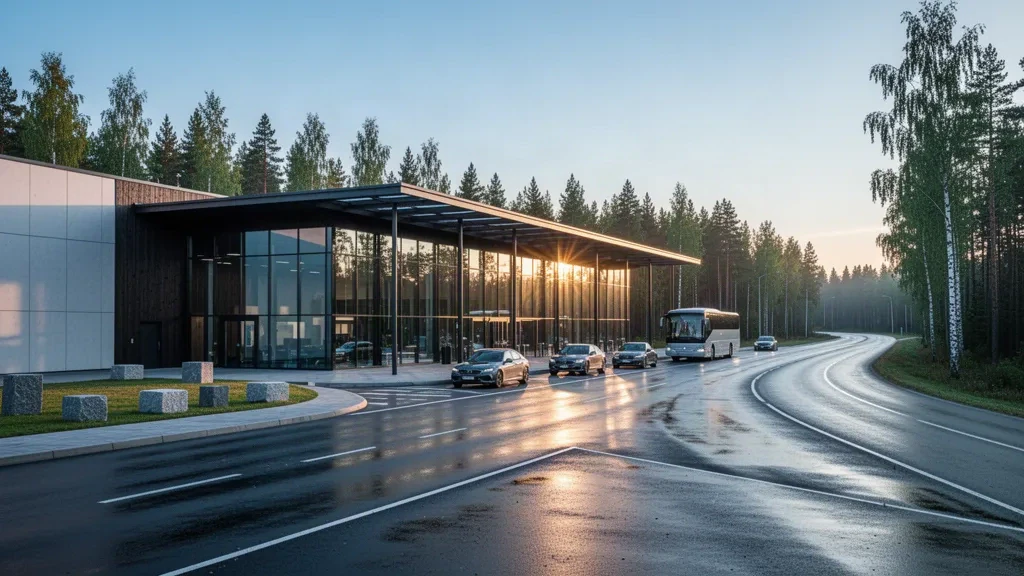 Moderner Glas-Terminal am Flughafen Tampere-Pirkkala in Finnland mit Bringspuren und nordischem Wald zur goldenen Stunde