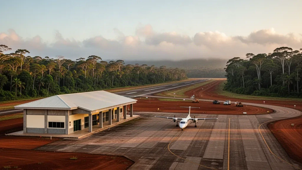 Piccolo terminal regionale e pista fiancheggiata dalla foresta pluviale all'Aeroporto di Trombetas vicino a Porto Trombetas, Pará, Brasile, durante l'ora d'oro