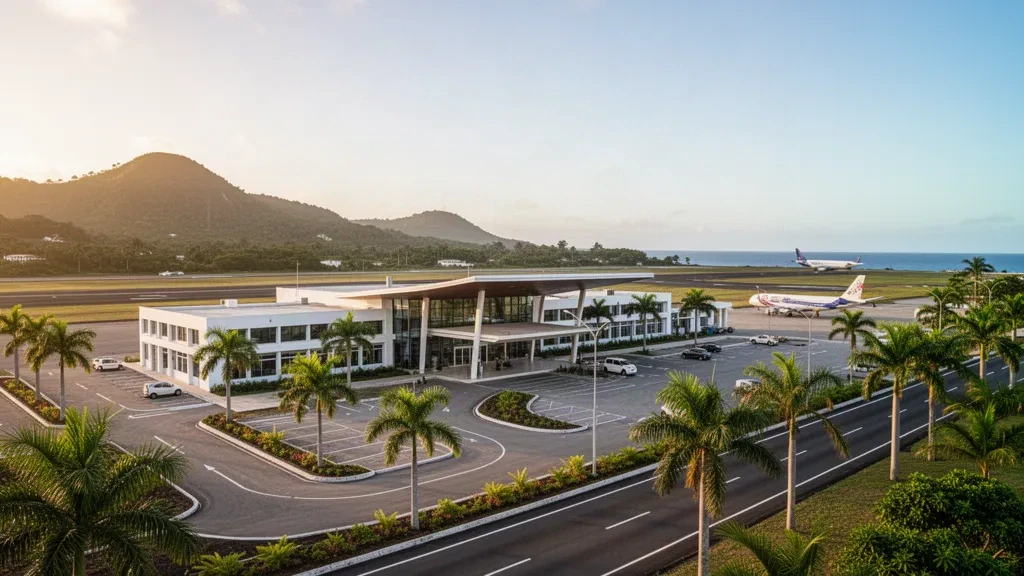 Terminal tropical moderna y explanada bordeada de palmeras en el Aeropuerto Internacional de São Tomé bajo una cálida luz atlántica